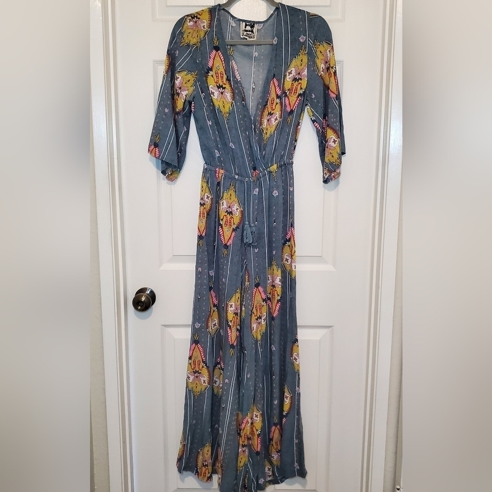 Jaase Wide Leg Bohemian Blue Short Sleeve Jumpsuit S